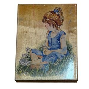 Stamps Happen Girl with Daisies #80058 Wood Mounted Rubber Stamp Vtg Card Scrap